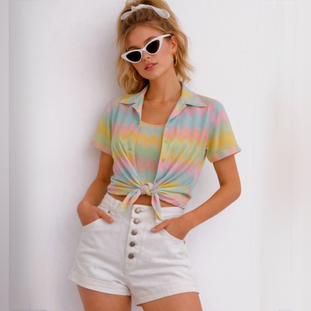 Vintage 70s Sunny South Retro Rainbow Chevron Button Up Blouse & Tank Set 💛🎀